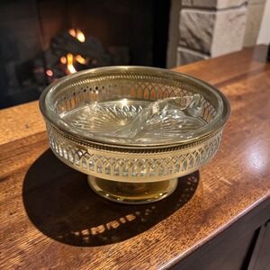 Vtg Depression Starburst Glass Candy Nut Dish Brass Pedestal 7"